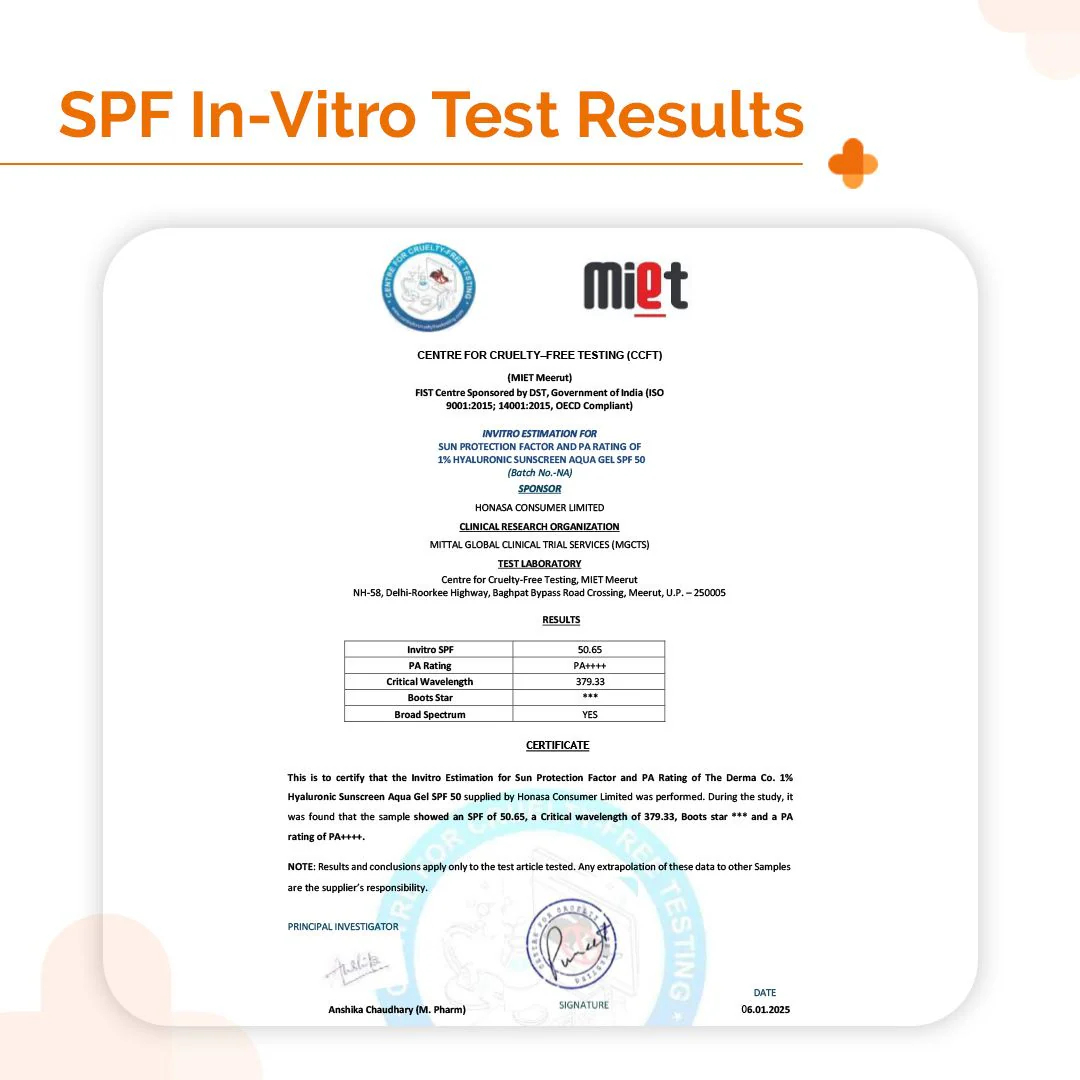 1% Hyaluronic Sunscreen Aqua Gel In Vivo Tested (ISO 24444:2019 Certified, CTRI/2025/02/080287) with SPF 50 & PA++++ - 50g - Image 4