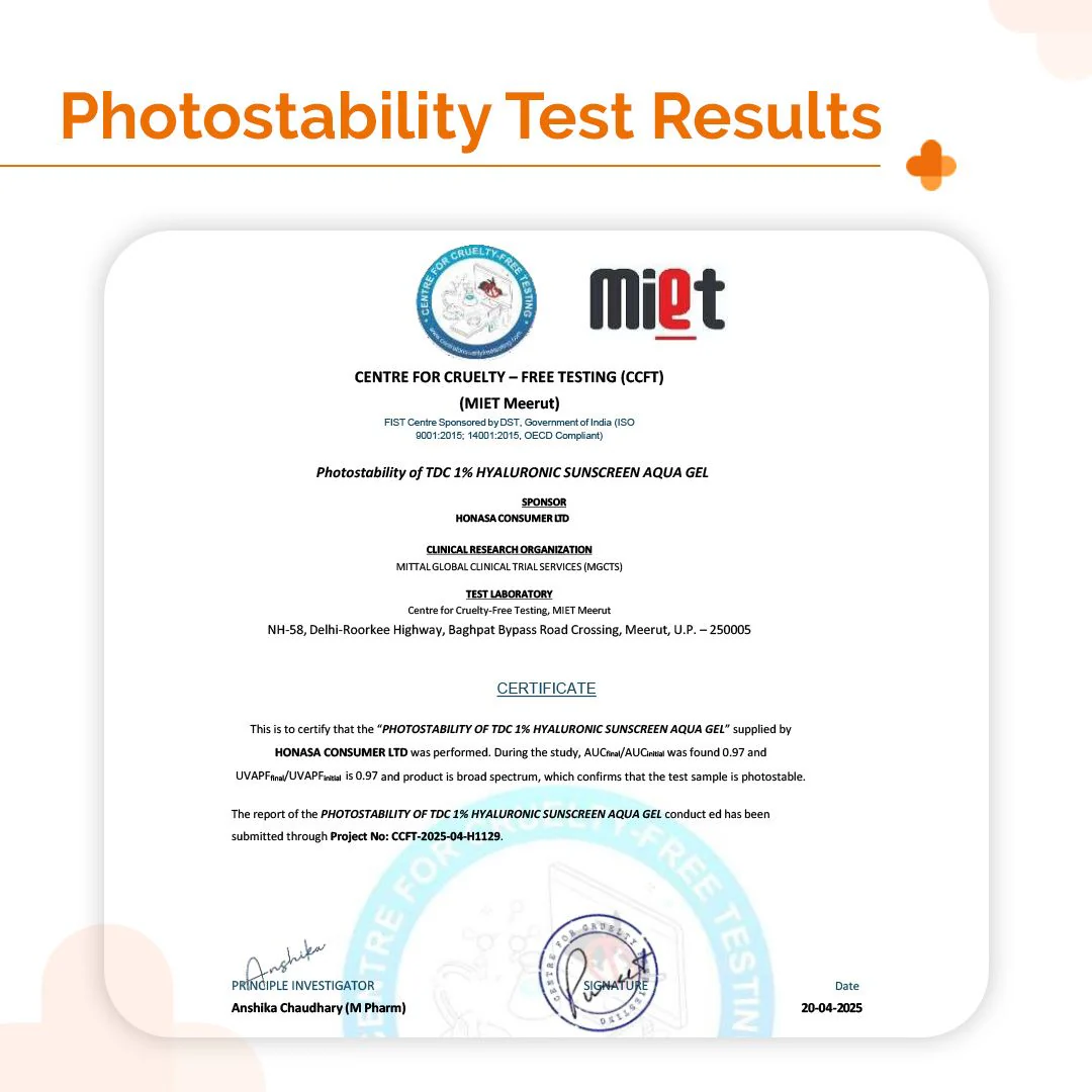1% Hyaluronic Sunscreen Aqua Gel In Vivo Tested (ISO 24444:2019 Certified, CTRI/2025/02/080287) with SPF 50 & PA++++ - 50g - Image 5